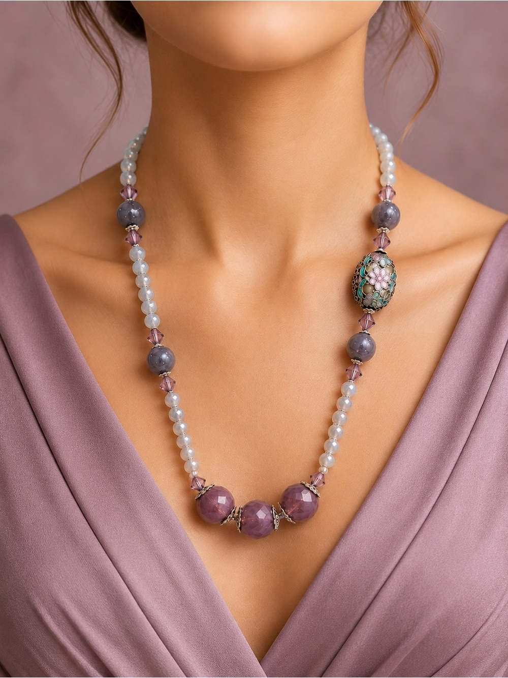 Rare Faceted Purple Opalite  with Labrodite, Crystal, & Vintage Cloisonné Focal
